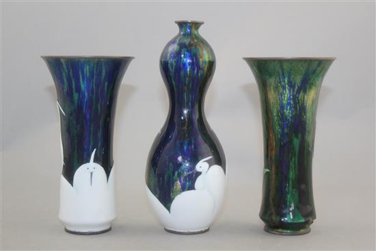 Three Japanese Musen and Moriage enamel vases, c.1900-10, signed Hattori Tadasaburo, 15.2cm and 18.3cm, some damage